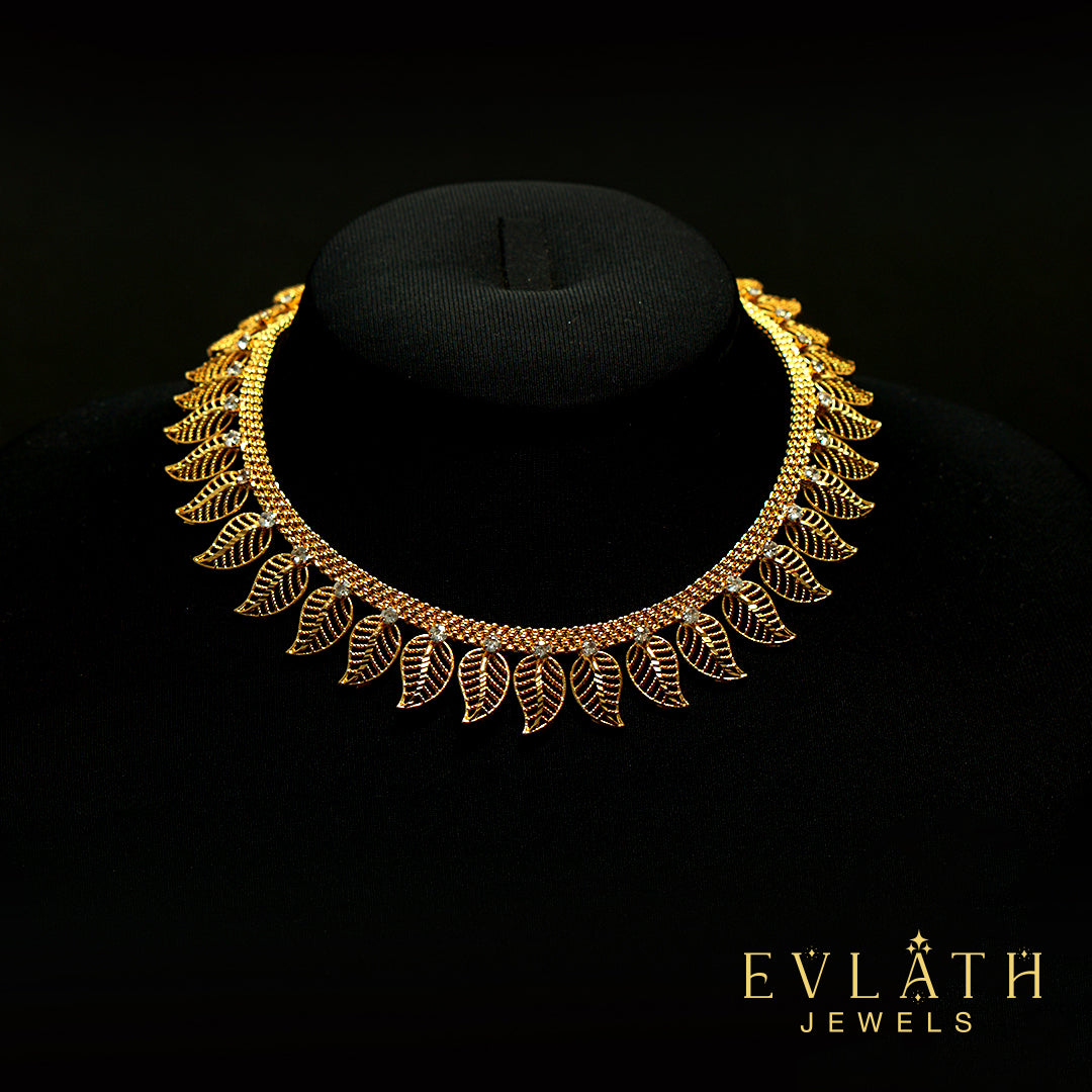 Premium Quality Gold Plated Leaf Shaped AD Stone Necklace - Evlath Jewels